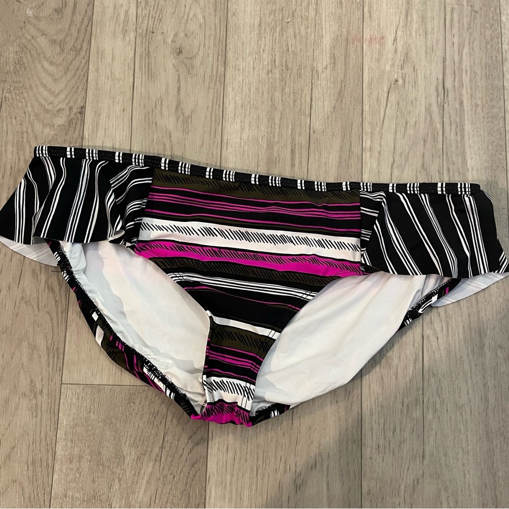 🎉Anne Cole pink black white ruffle striped swim bottoms NWOT large